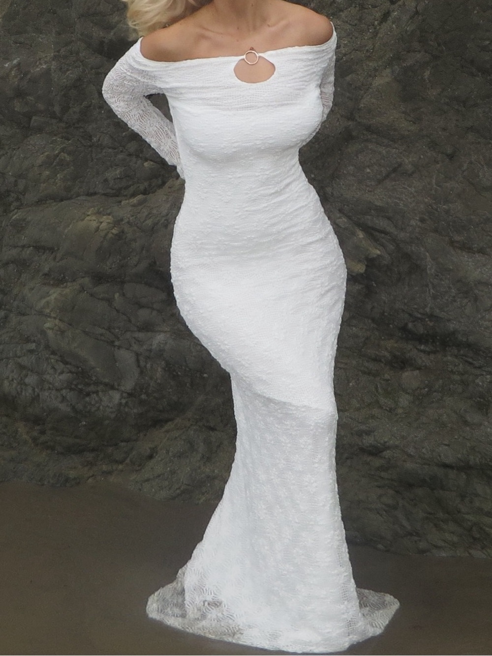 Peppermayo White Off-Shoulder Keyhole Mermaid Gown